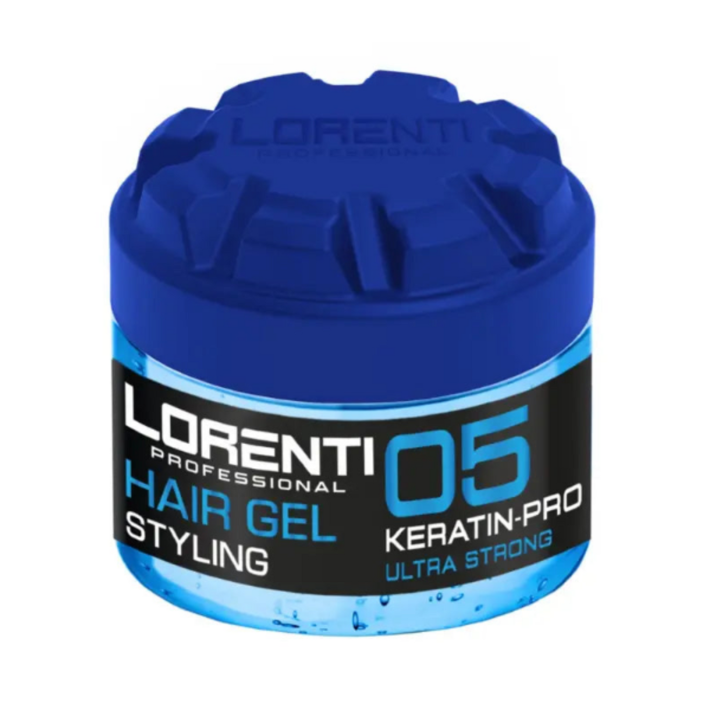 Blue hair gel jar with black label on a white background