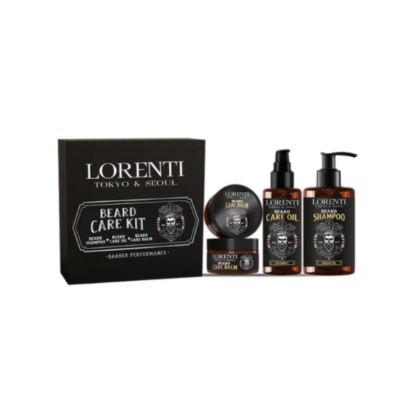 Lorenti beard care kit with various products on a white background