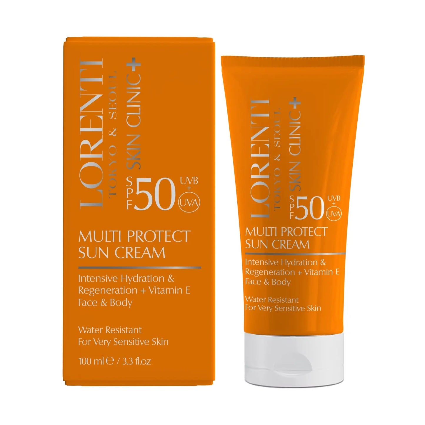 Lorenti multi-protect sun cream with packaging on a white background