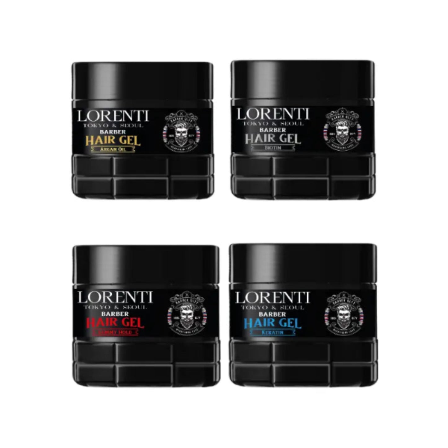Four jars of Lorenti Barber Hair Gel on a white background