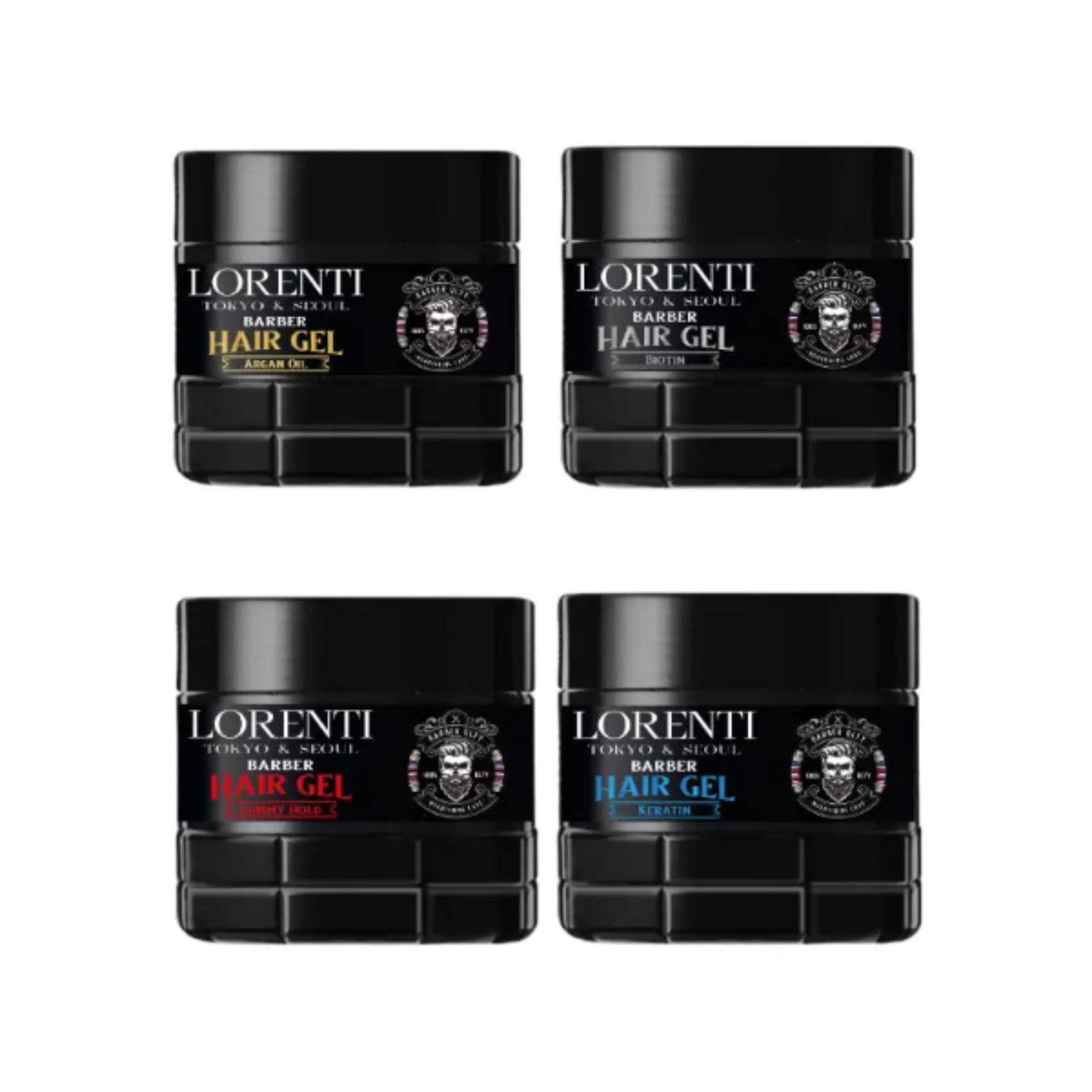 Four jars of Lorenti Barber Hair Gel on a white background