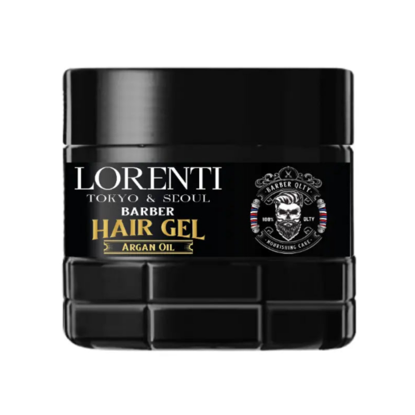 Black hair gel jar with 'Lorenti' branding on a white background