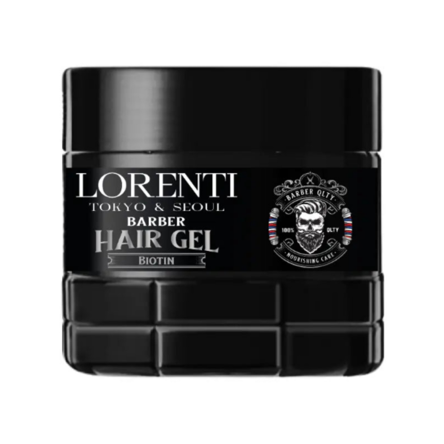Lorenti Barber Hair Gel jar with black and white design on a white background