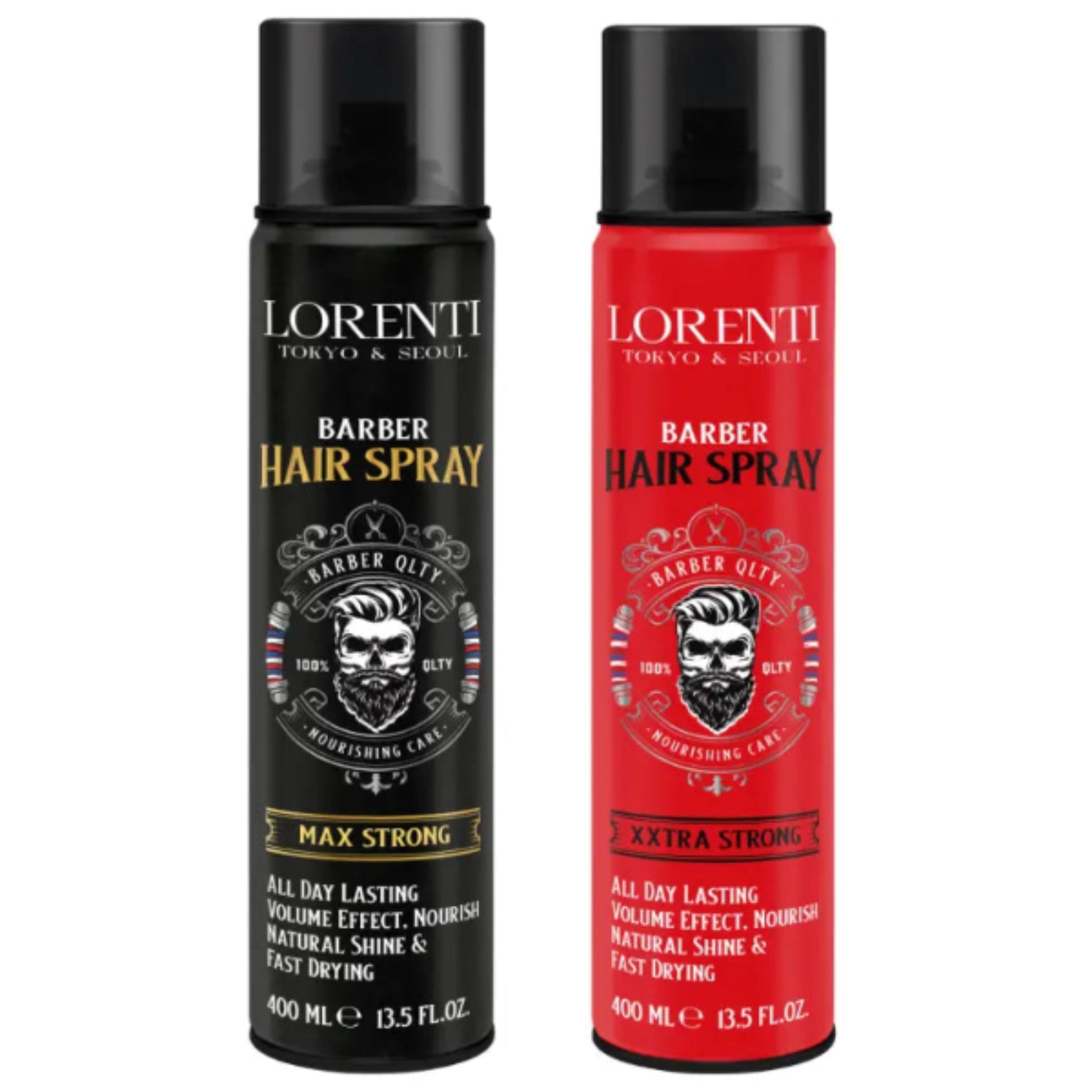Two Lorenti Barber Hair Spray cans, one black and one red, on a white background.