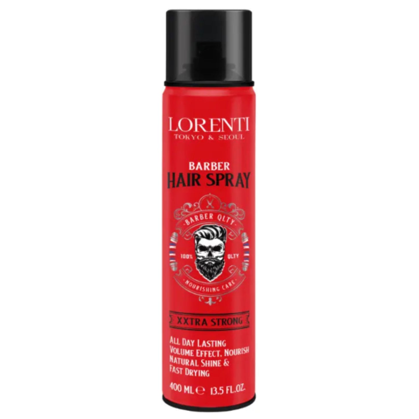Red hair spray can with black cap labeled 'Lorenti' on a white background