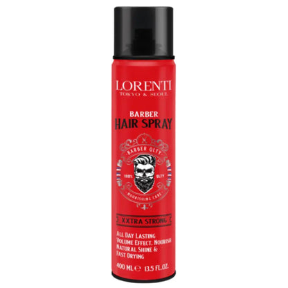Red hair spray can with black cap labeled 'Lorenti' on a white background