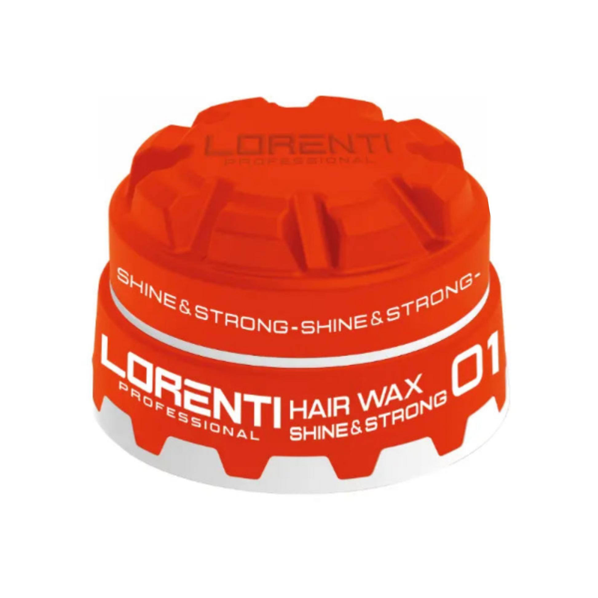 Orange container of Lorenti hair wax with white text on a white background