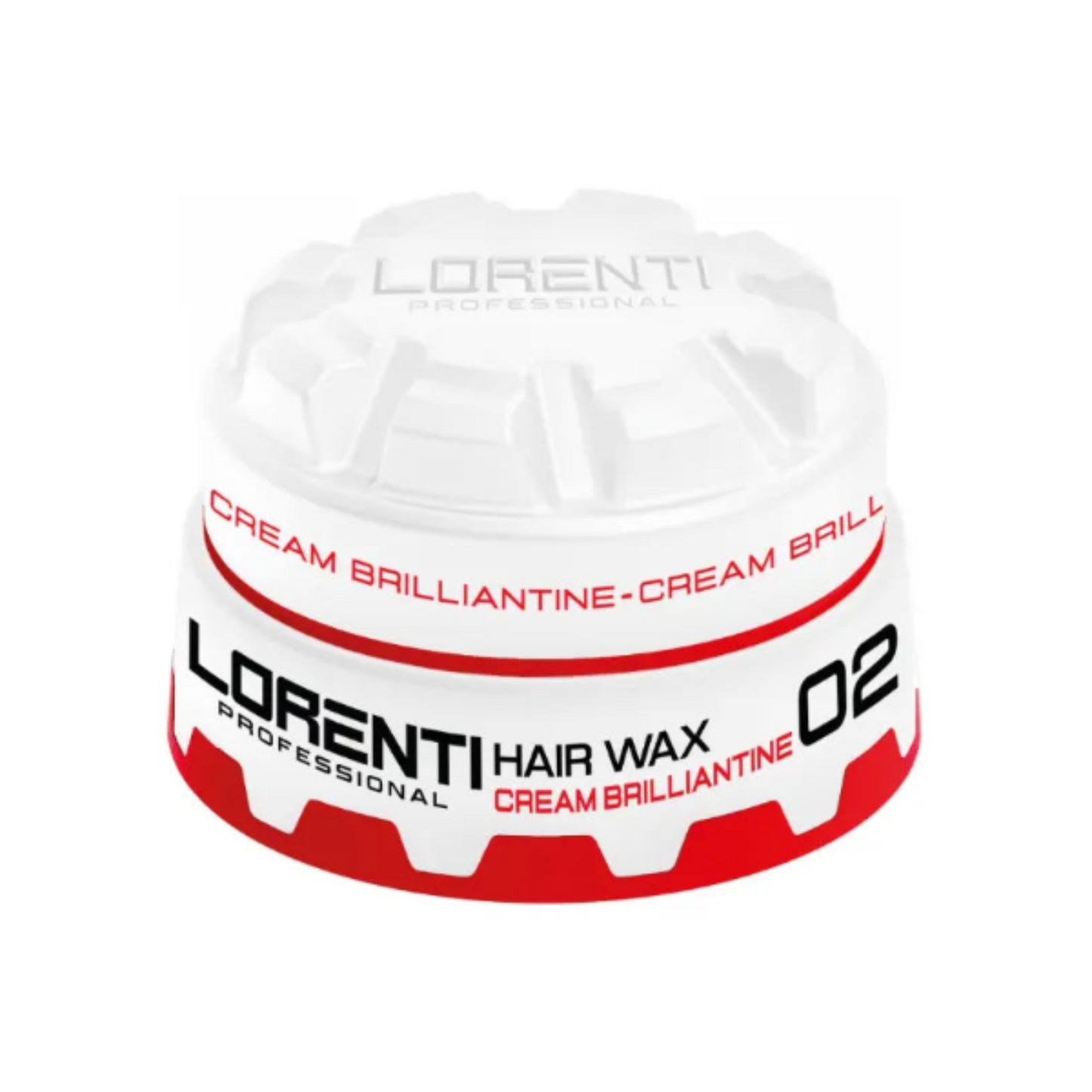 Lorenti hair wax jar with red and white design on a white background