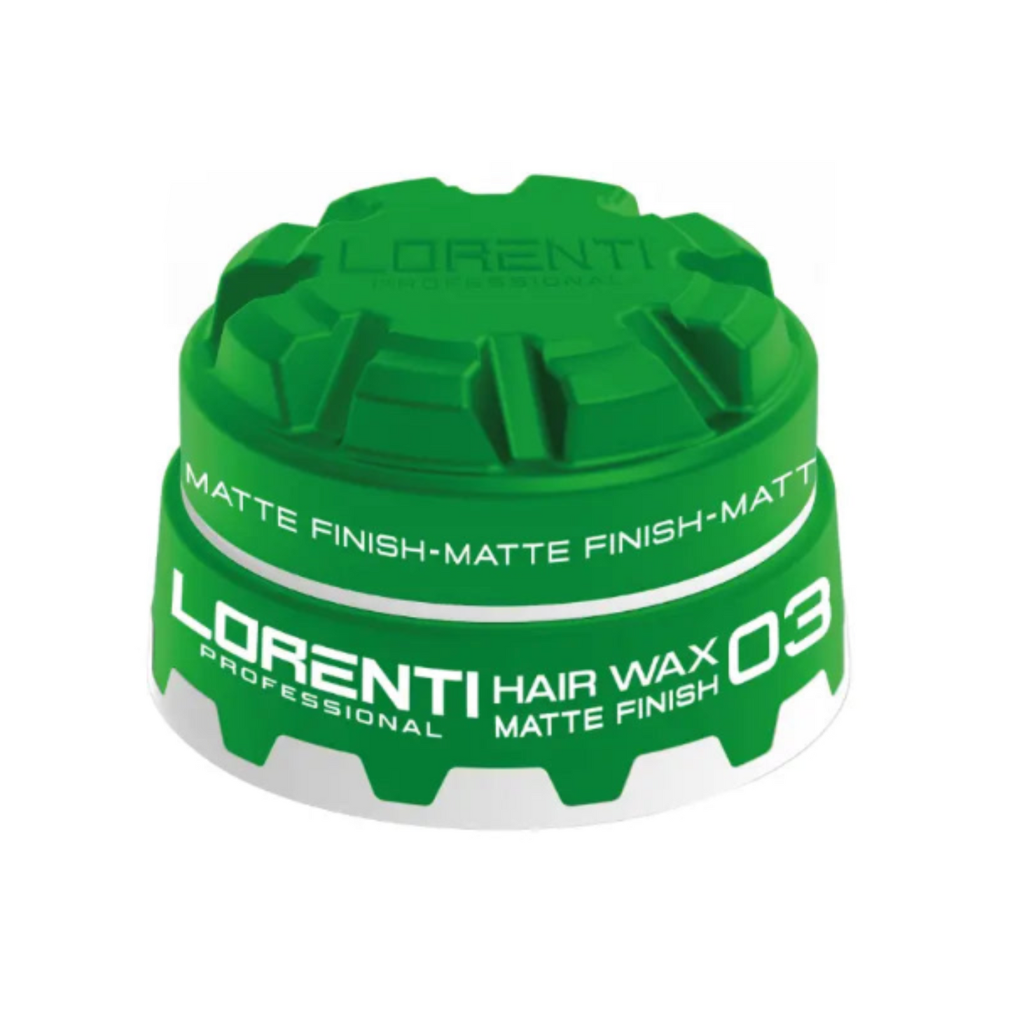 Green container of Lorenti hair wax with text on a white background