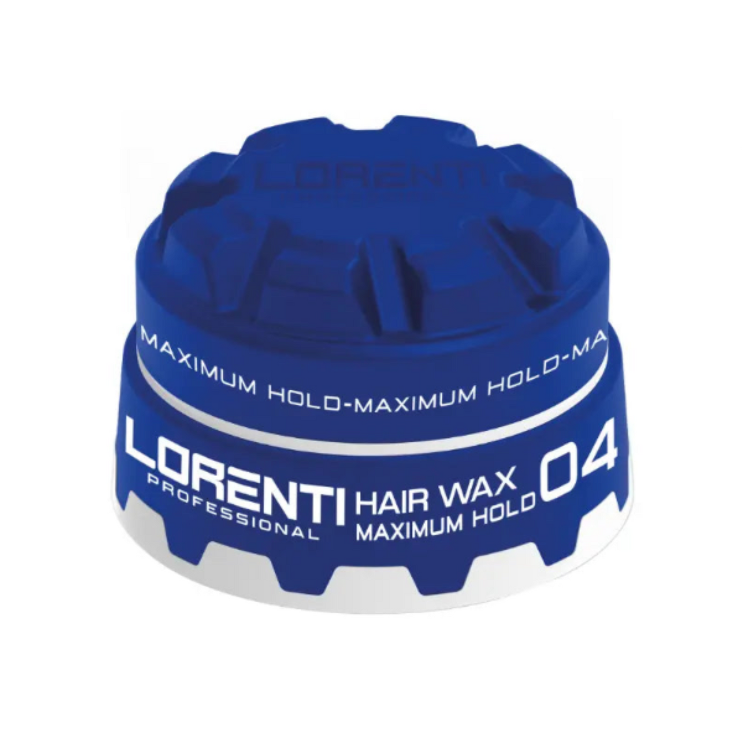 Blue container of Lorenti hair wax with white text on a white background