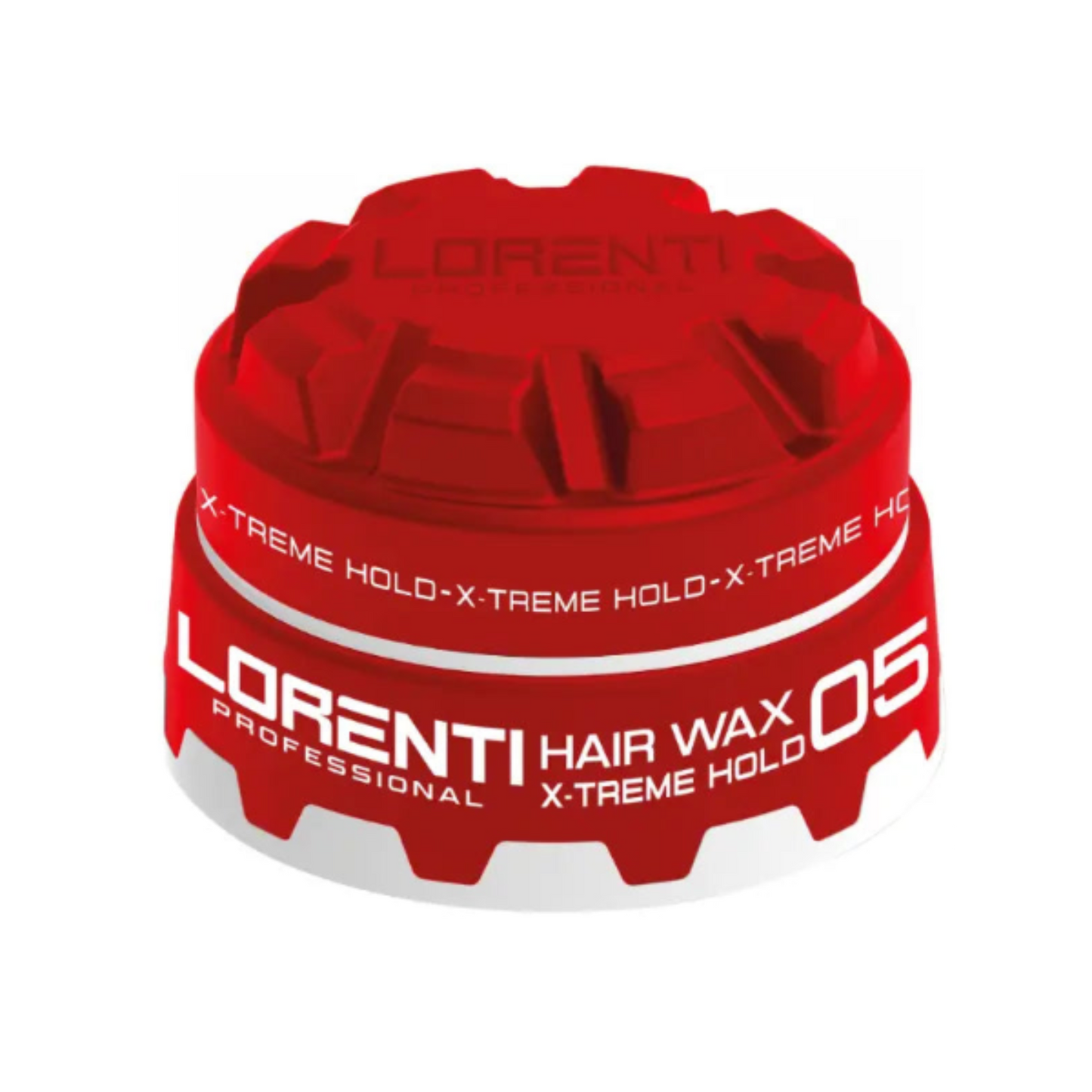 Red container of Lorenti hair wax with white text on a white background