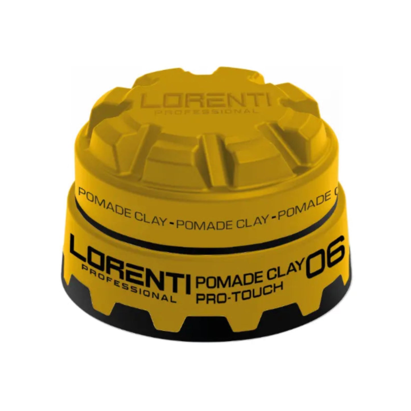 Yellow container of Lorenti Professional Pomade Clay on a white background