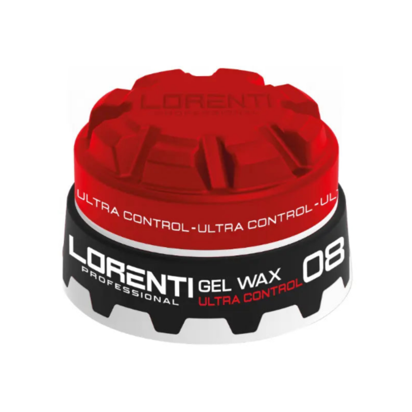 Lorenti gel wax container with red top and black and white label on a white background