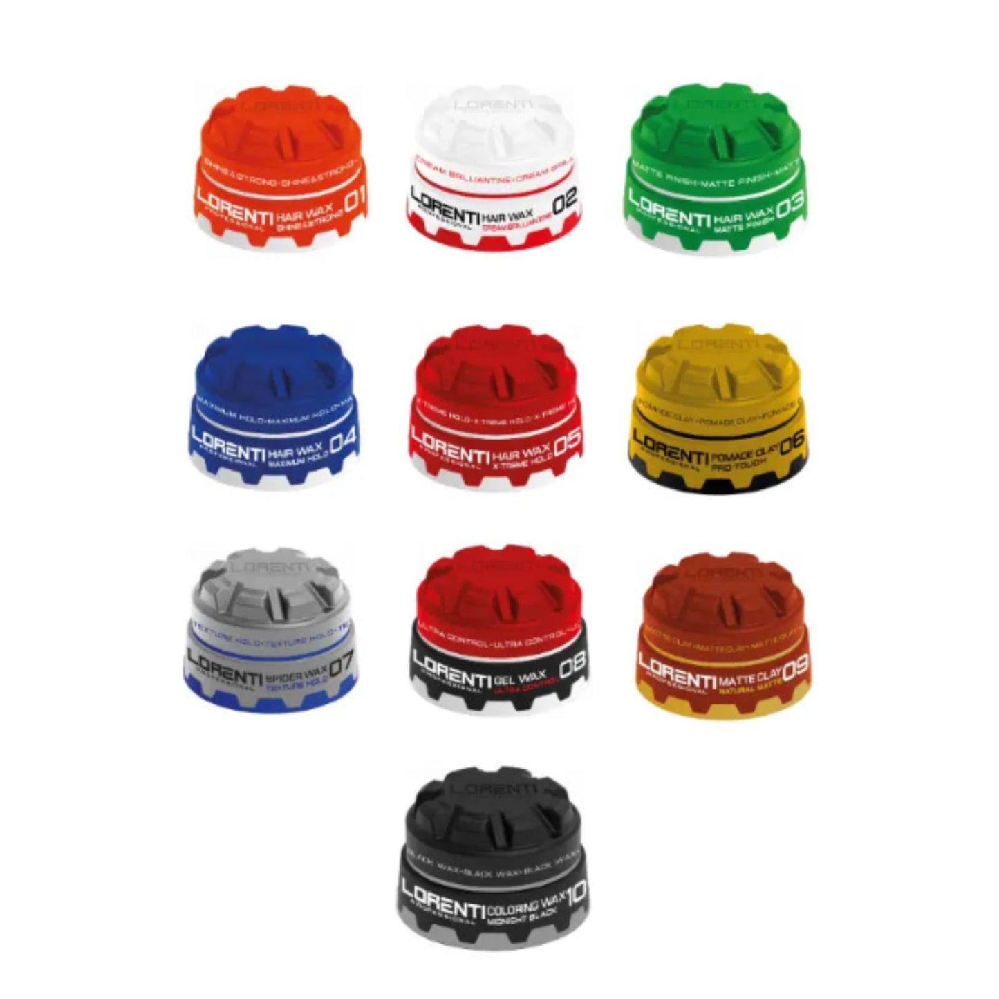 Collection of Lorenti hair wax containers in various colors on a white background