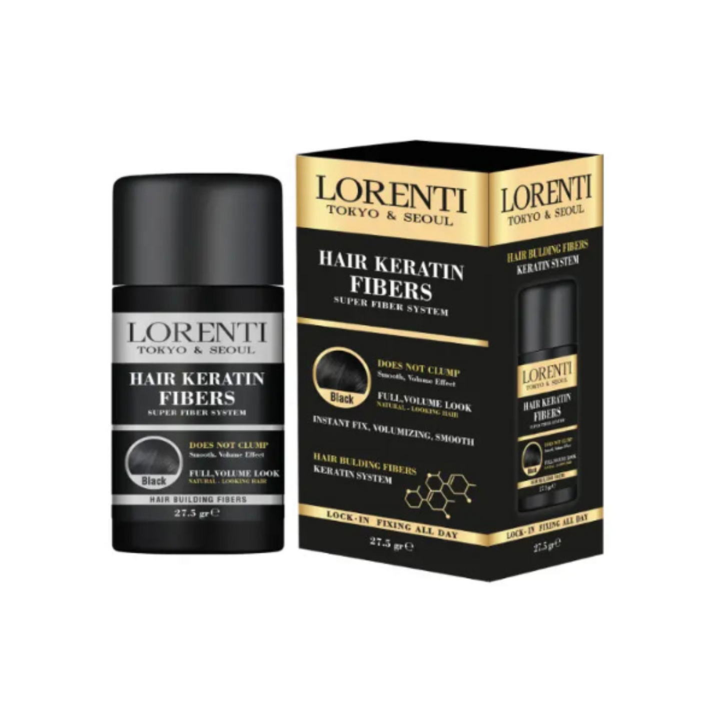 Lorenti hair keratin fibers packaging with black bottle and box on a white background