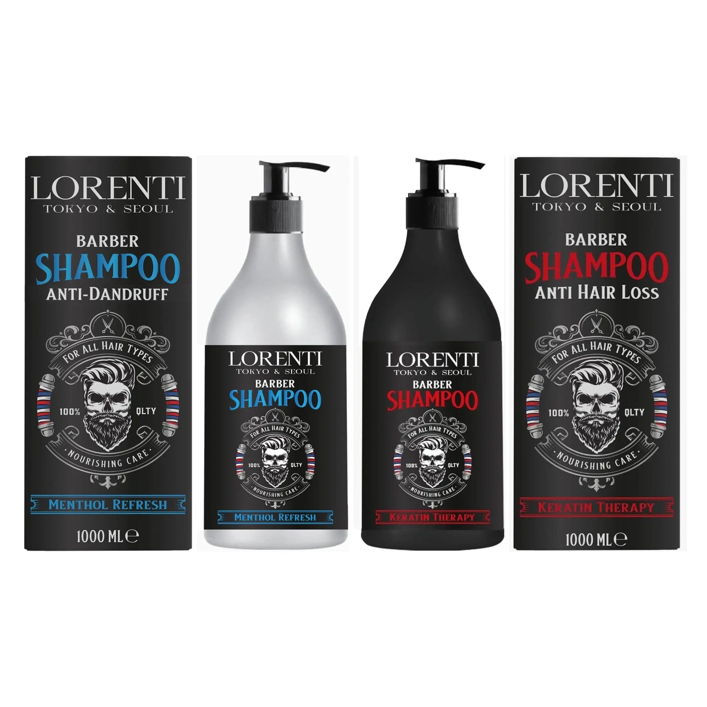 Lorenti barber shampoo bottles and boxes on a white background