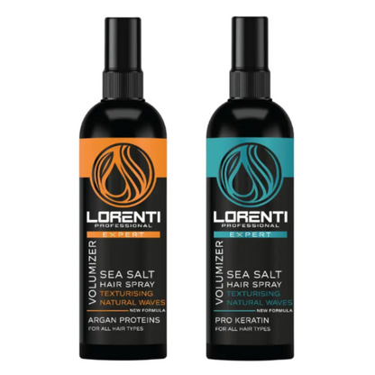 Two bottles of Lorenti Sea Salt Hair Spray on a white background