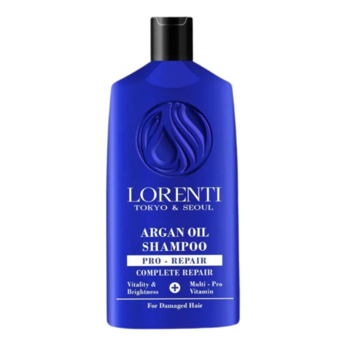 Blue shampoo bottle with black cap labeled 'Lorenti' on a white background