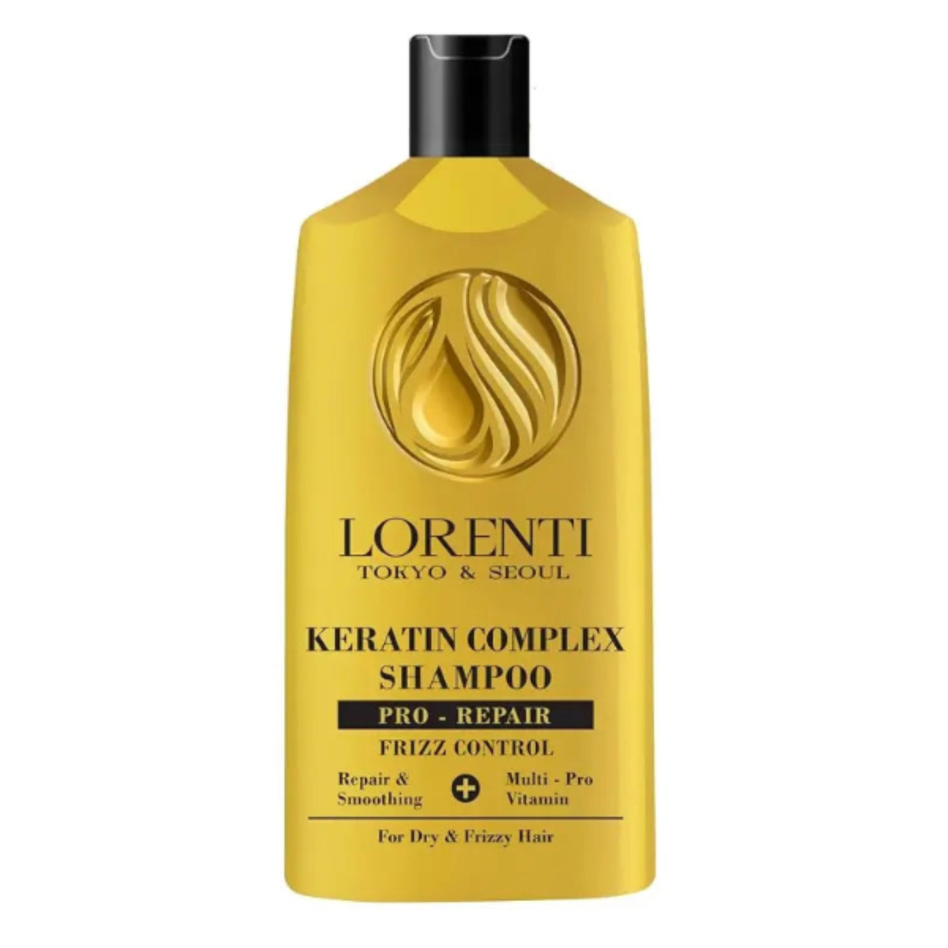 Yellow shampoo bottle with black cap labeled 'Lorenti' on a white background