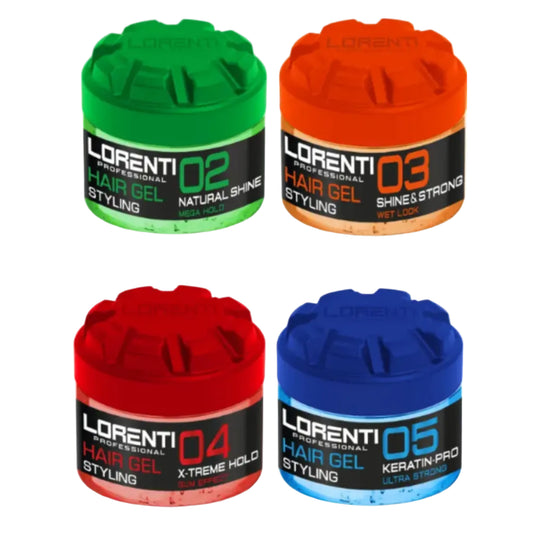 Four containers of Lorenti hair gel with different colors and labels on a white background.