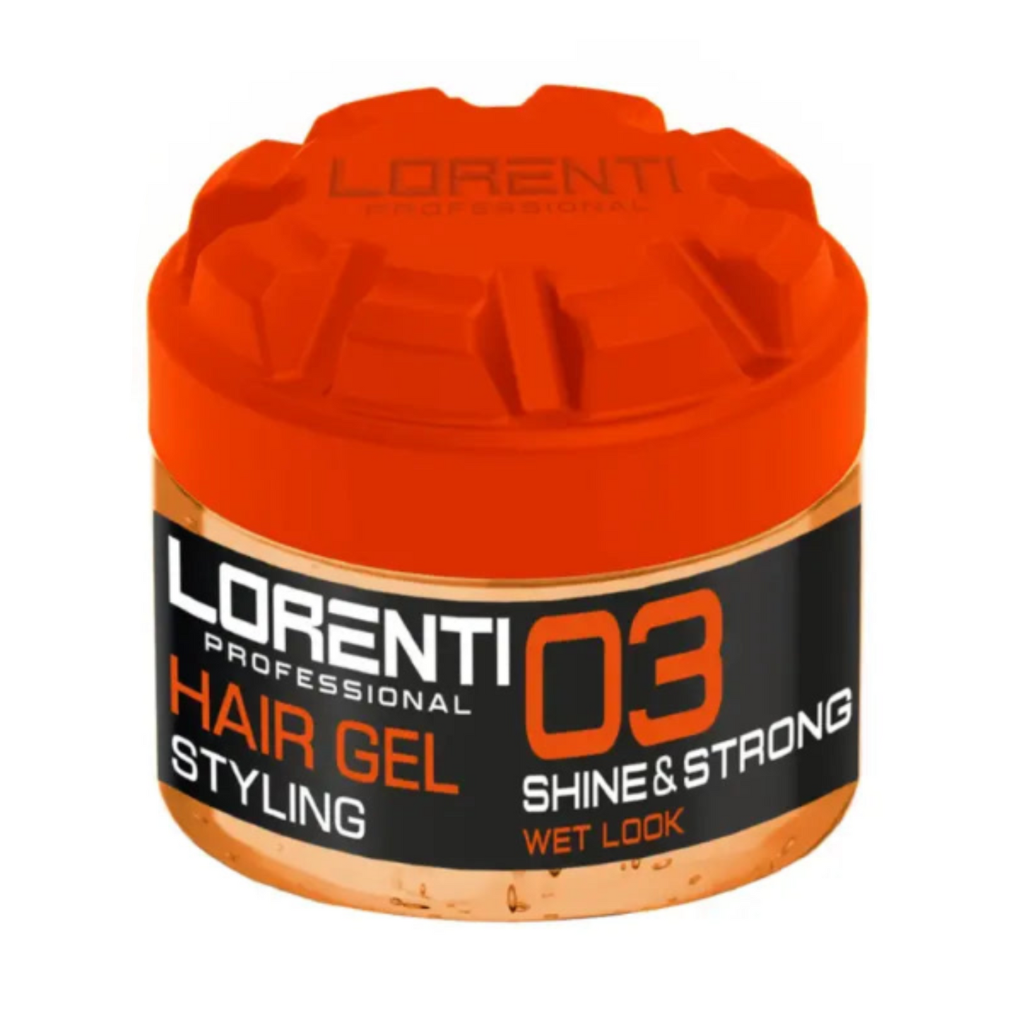 Lorenti hair gel container with orange lid and black label on a white background