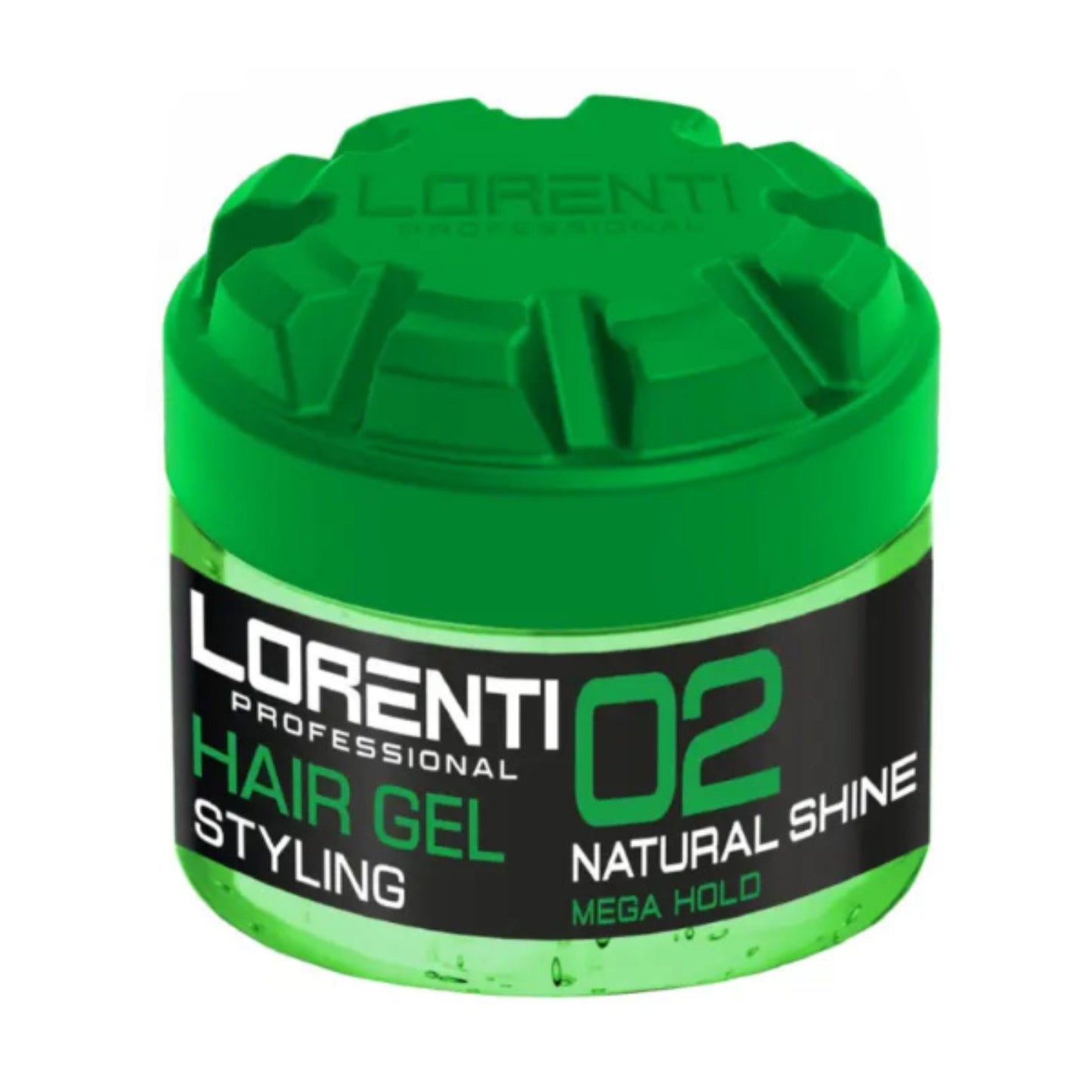 Green jar of Lorenti hair gel with a black label on a white background