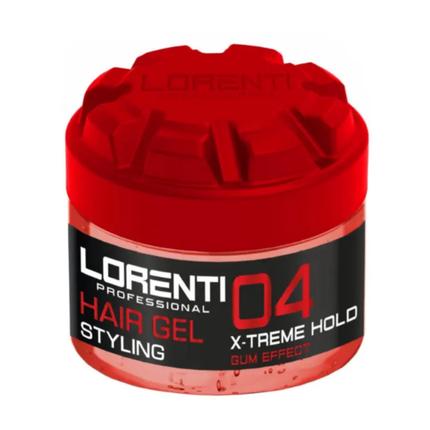 Red jar of Lorenti hair gel with black label on a white background
