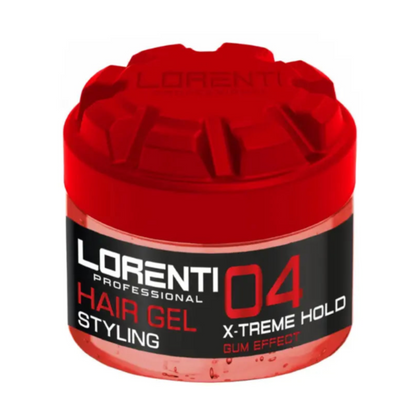 Red jar of Lorenti hair gel with black label on a white background