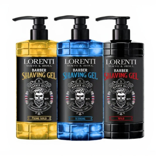 Three bottles of Lorenti Barber Shaving Gel in different colors on a white background