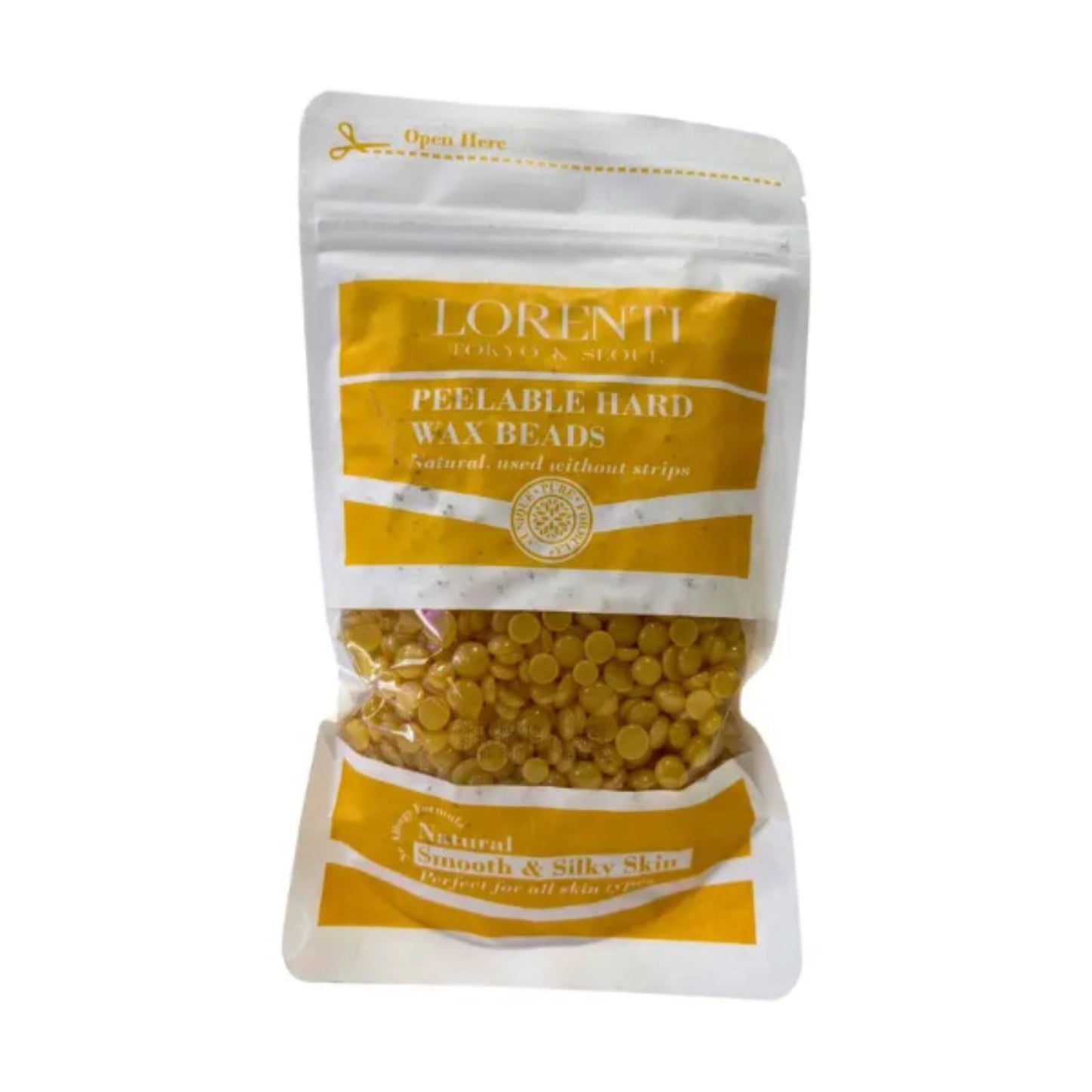 Pack of Lorenti peelable hard wax beads on a white background