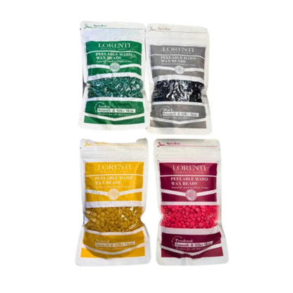 Four packages of Lorenti peelable hard wax beads in different colors on a white background.