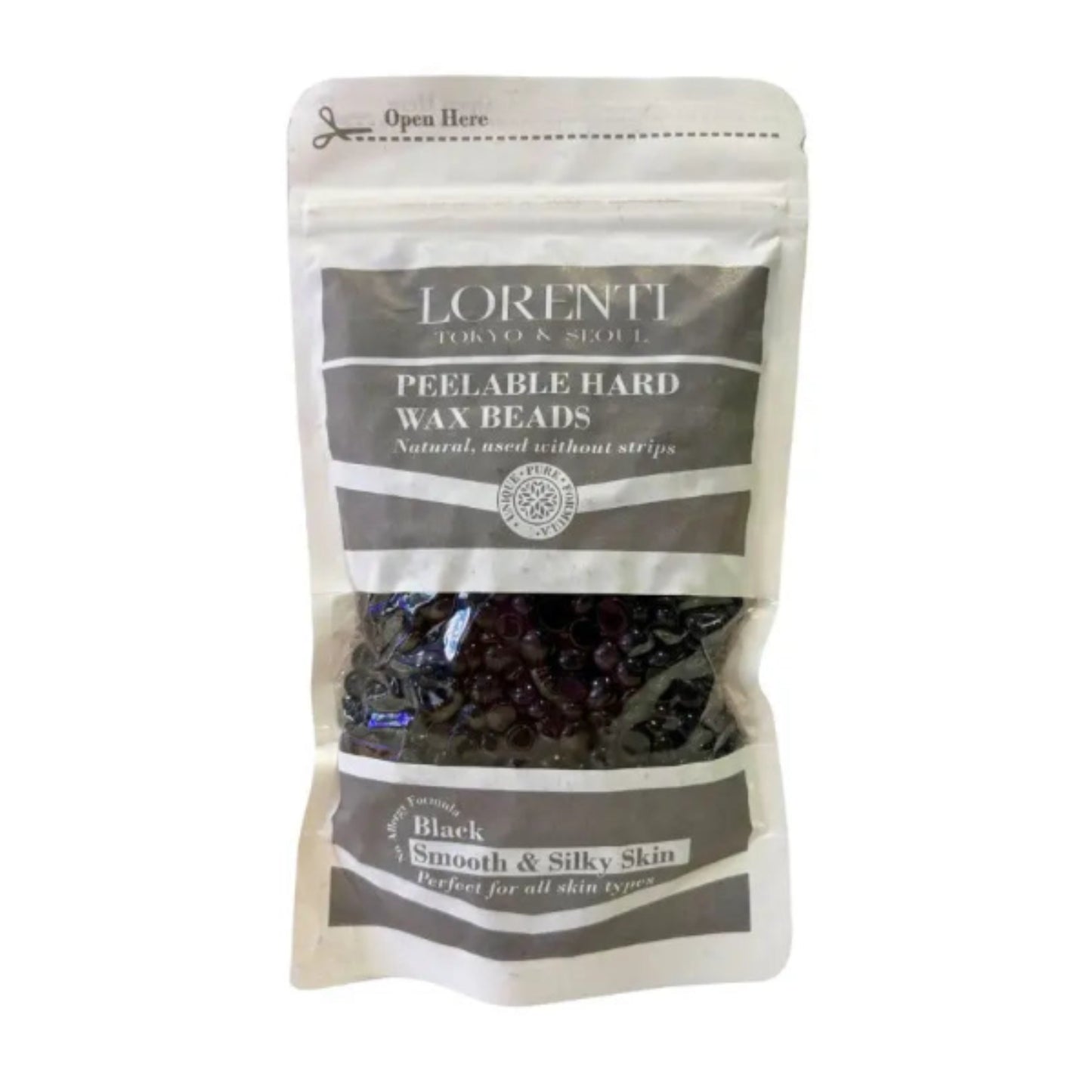 Packaged wax beads with Lorenti branding on a white background