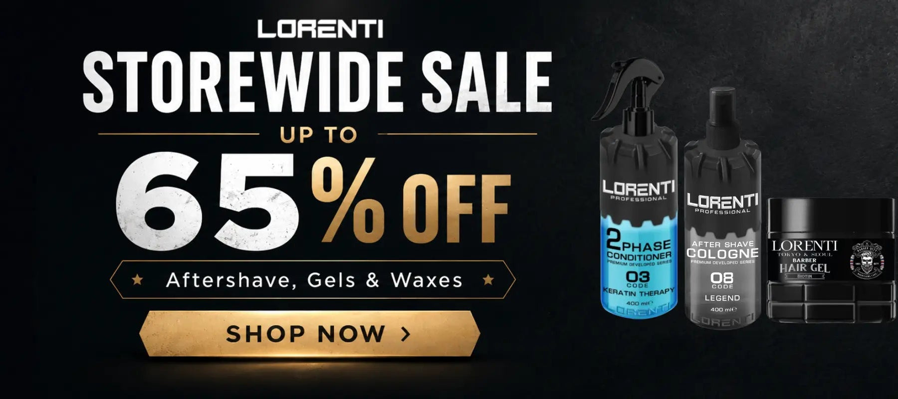 Lorenti storewide sale banner with product images and promotional text on a dark background.