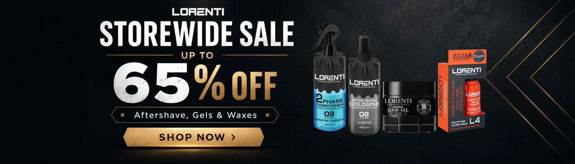 Lorenti storewide sale banner with product images and promotional text on a dark background.