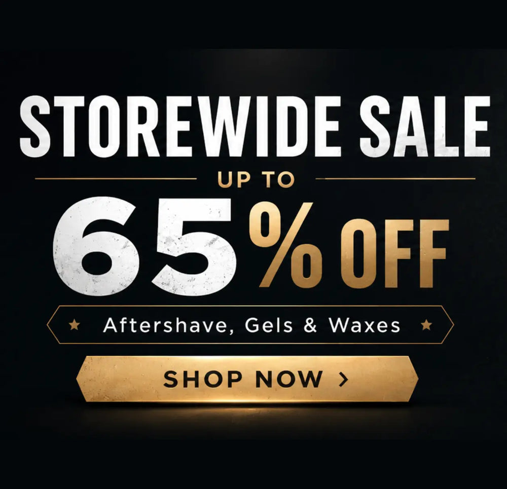 Storewide sale advertisement with 65% off on aftershave, gels, and waxes, featuring a 'Shop Now' button.