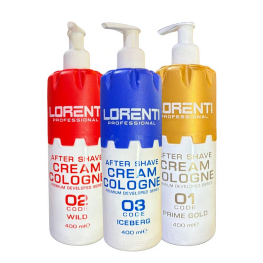 Three bottles of Lorenti Professional after shave cream cologne in red, blue, and yellow on a white background.
