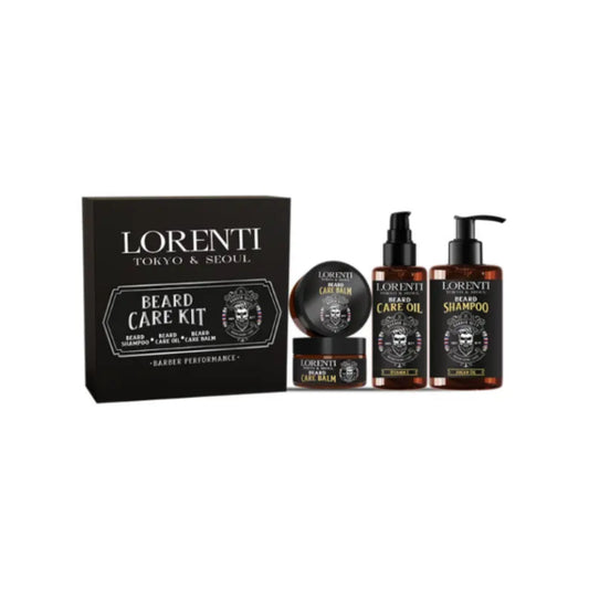 Lorenti beard care kit with various products on a white background