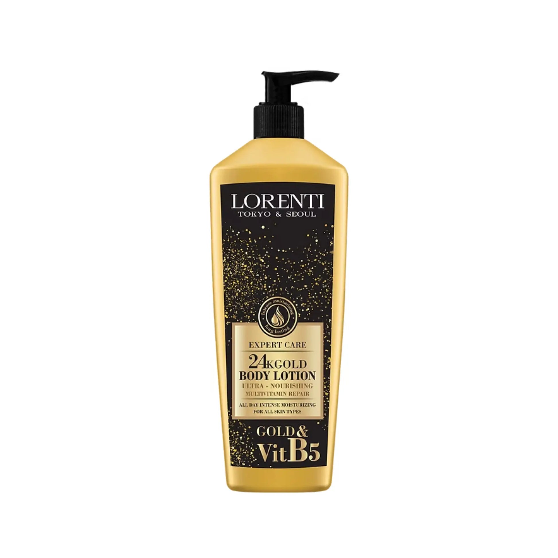 Lorenti 24K Gold Body Lotion bottle on a white background