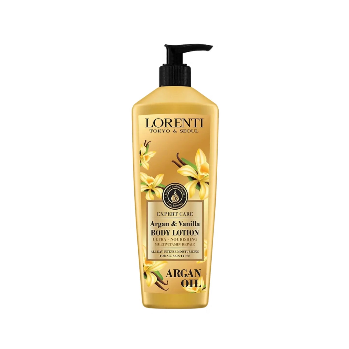 Lorenti argan and vanilla body lotion bottle on a white background
