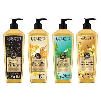 Four bottles of Lorenti body lotion with different ingredients on a white background
