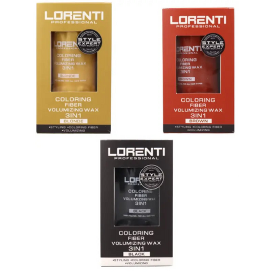 Three boxes of Lorenti Professional coloring fiber volumizing wax on a white background