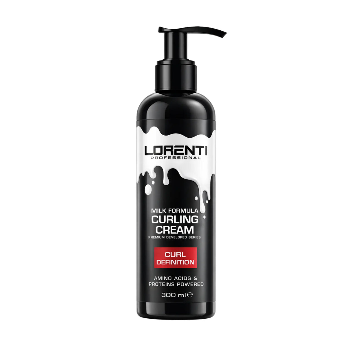 A 300 ml bottle of Lorenti Professional Curling Cream on a solid white background. The bottle is black with a black pump dispenser and features a white label with black text and a red accent box.