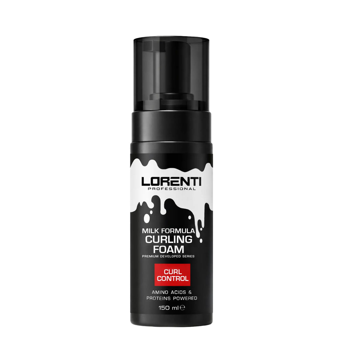 A 150 ml bottle of Lorenti Professional Milk Formula Curling Foam on a solid white background.
