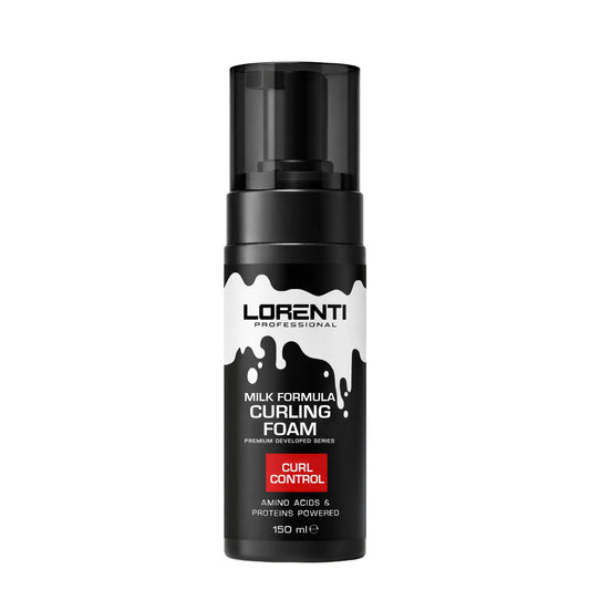A 150 ml bottle of Lorenti Professional Milk Formula Curling Foam on a solid white background.