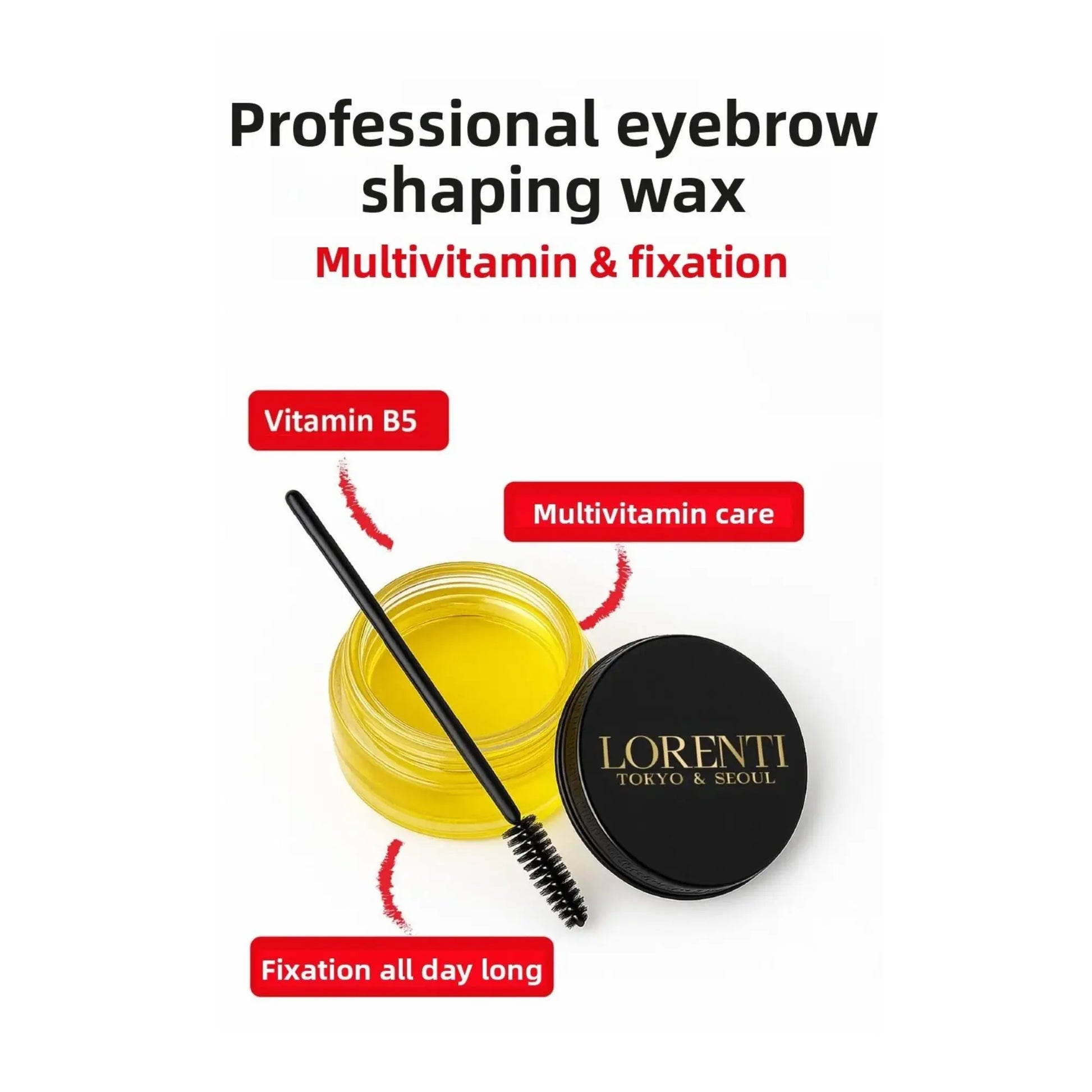 Lorenti eyebrow shaping wax with a brush on a white background