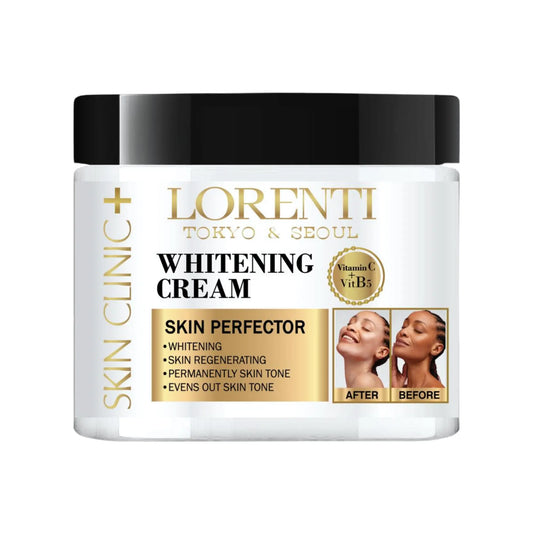 Lorenti Whitening Cream jar with branding and product features on a white background