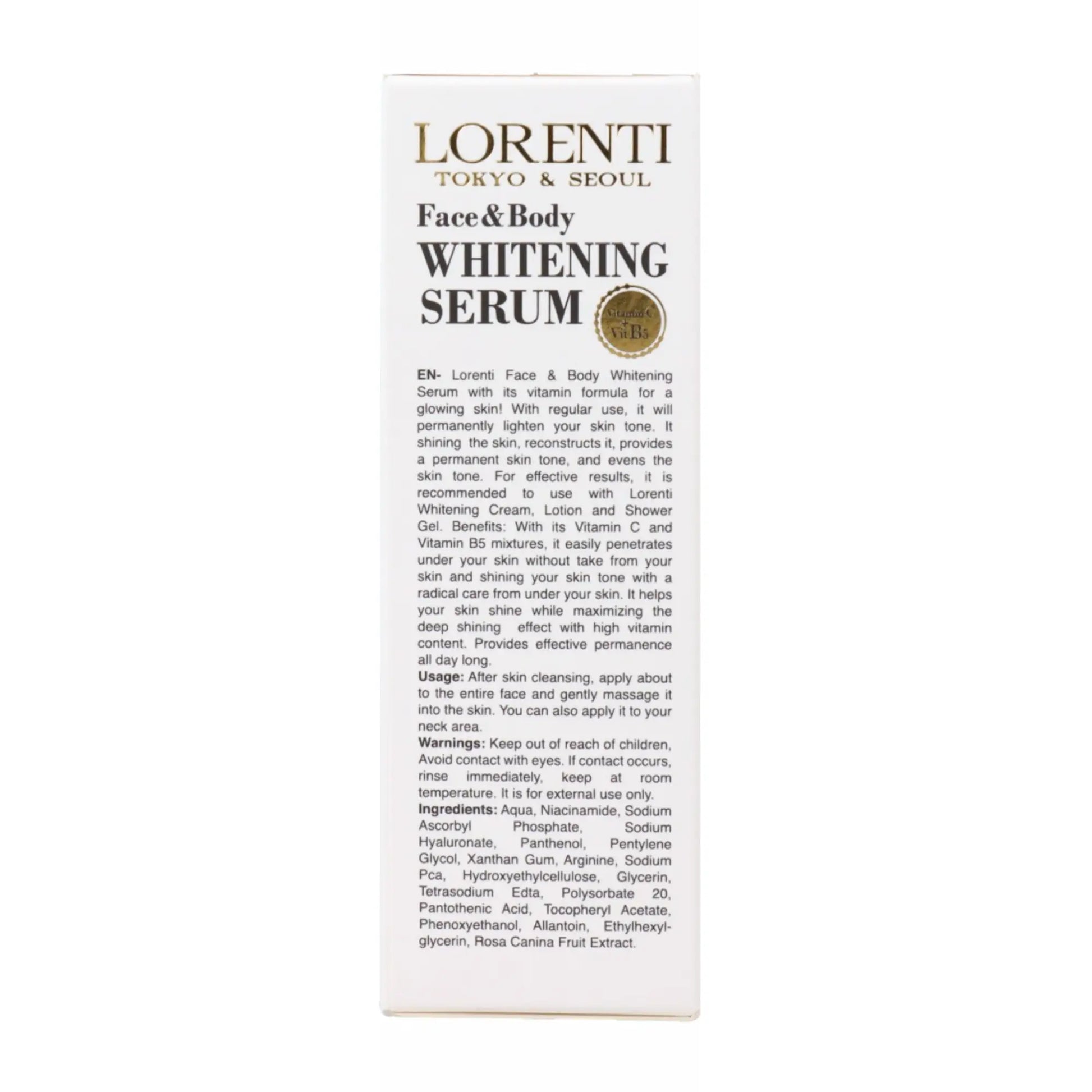 Lorenti Face & Body Whitening Serum packaging on a white background