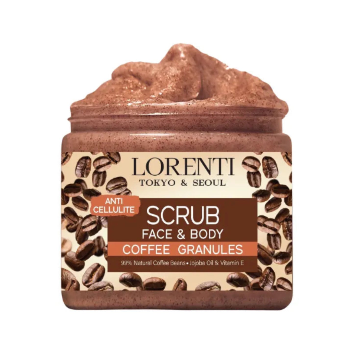 Lorenti coffee granules scrub packaging with coffee beans on a white background
