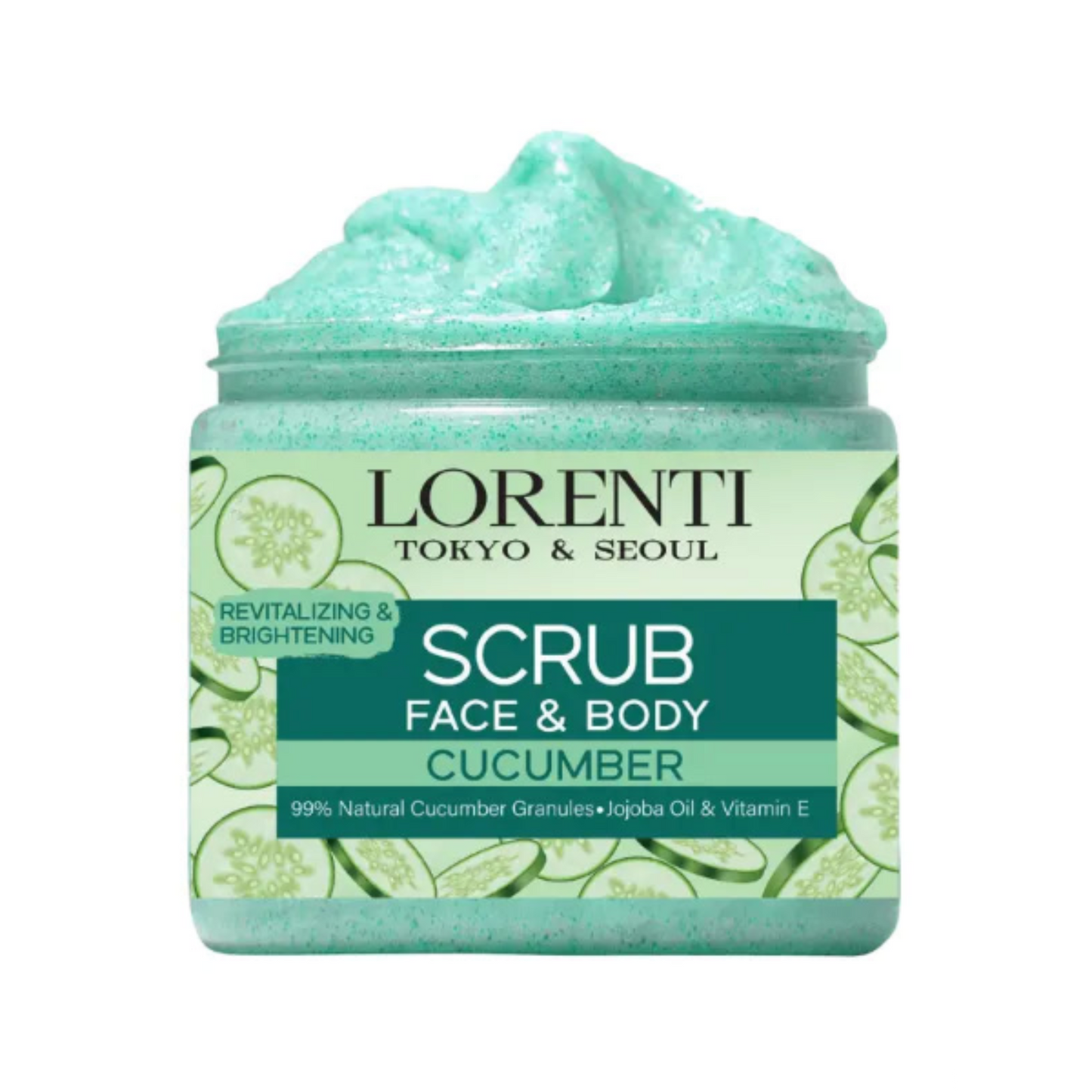 Jar of Lorenti Tokyo & Seoul cucumber scrub on a white background