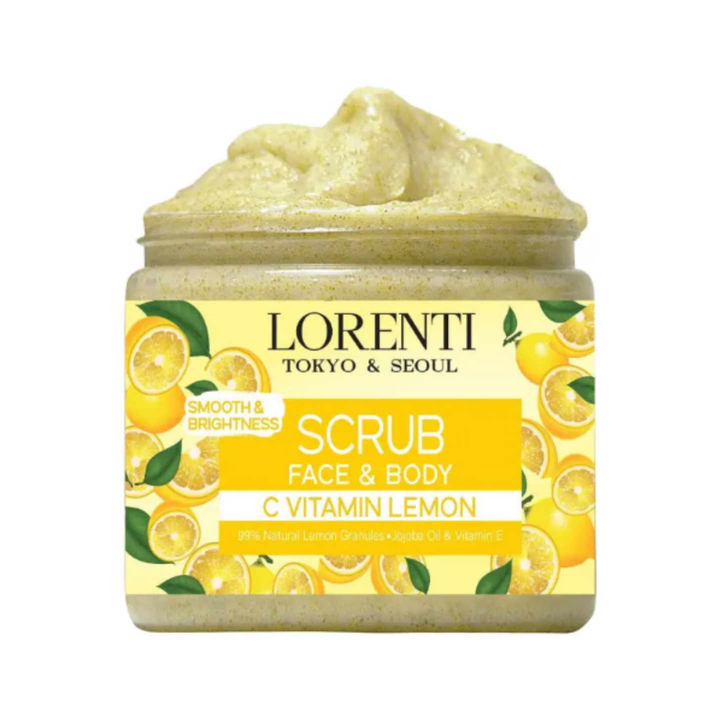 Jar of Lorenti scrub with lemon design on a white background
